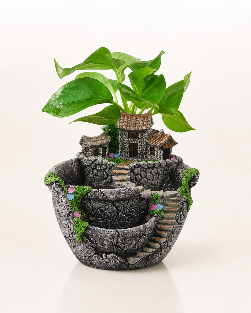Heimat Sukkulenten-Miniaturlandschaft von Lunéva mit Hausfigur in Silber