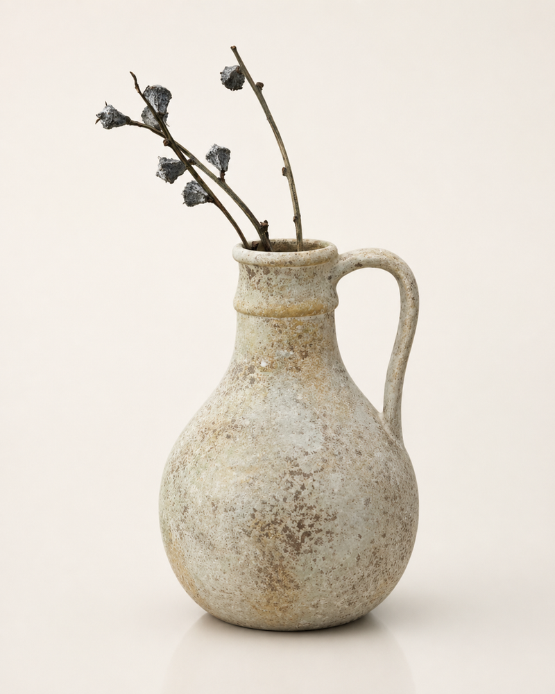 Vintage Keramikvase von Lunéva mit mattmilder Glasur und Blumenstrauß